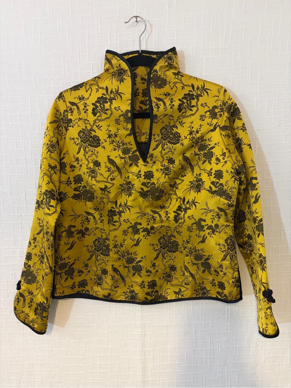 Yellow Floral Brocade Mandarin Collar Top